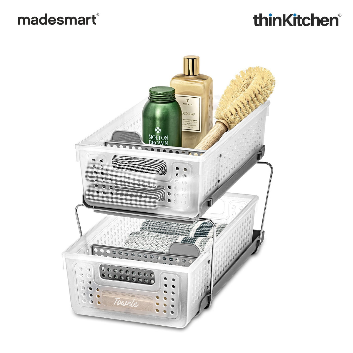 Madesmart 2-Tier Organizer With Pull-Out Bins And Dividers, Frost