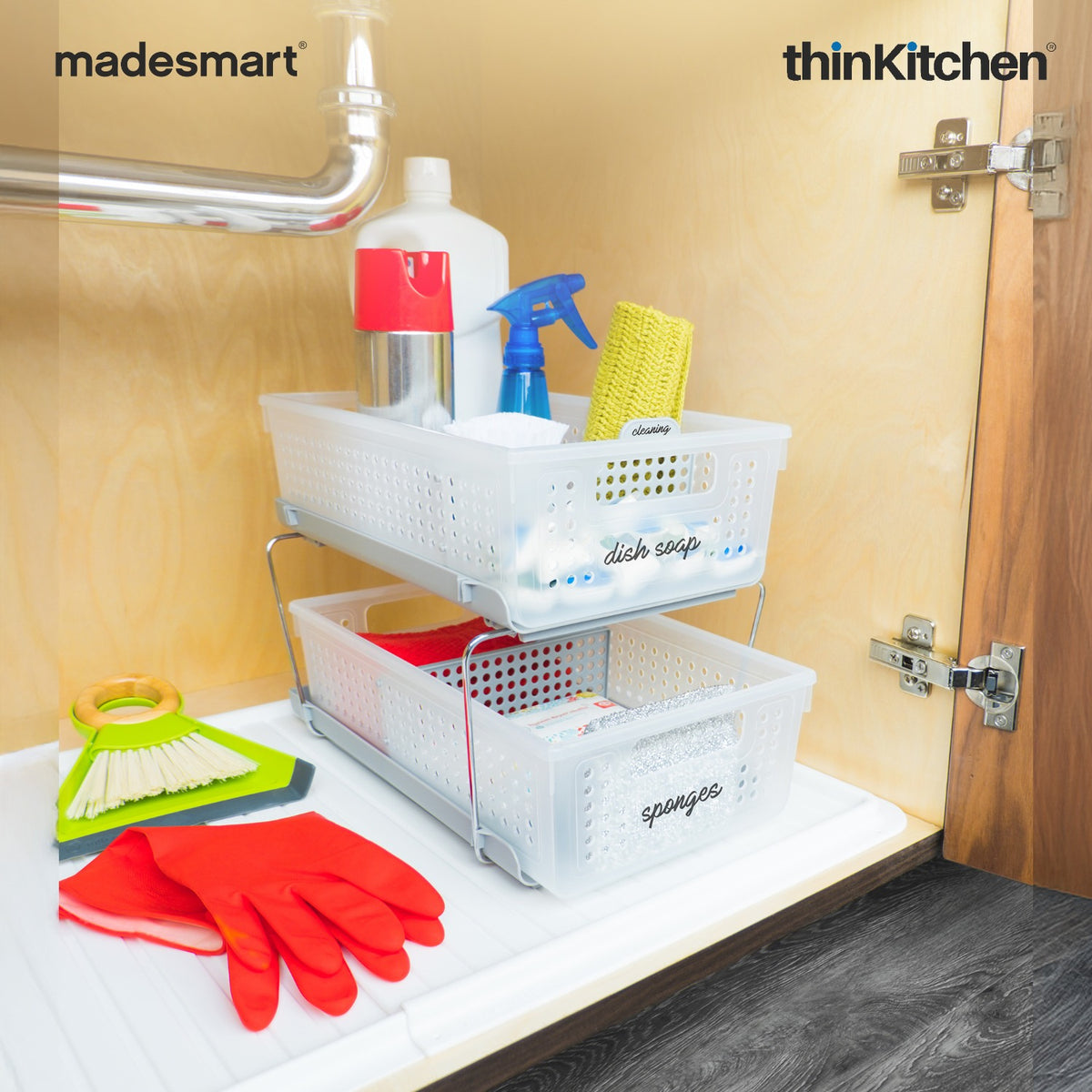 Madesmart 2-Tier Organizer With Pull-Out Bins And Dividers, Frost
