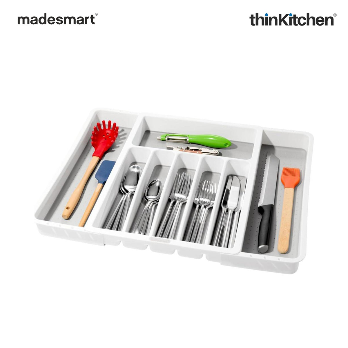 Madesmart Expandable Cutlery Tray, 6 To 8 Compartments, Kitchen Drawer Organizer - White