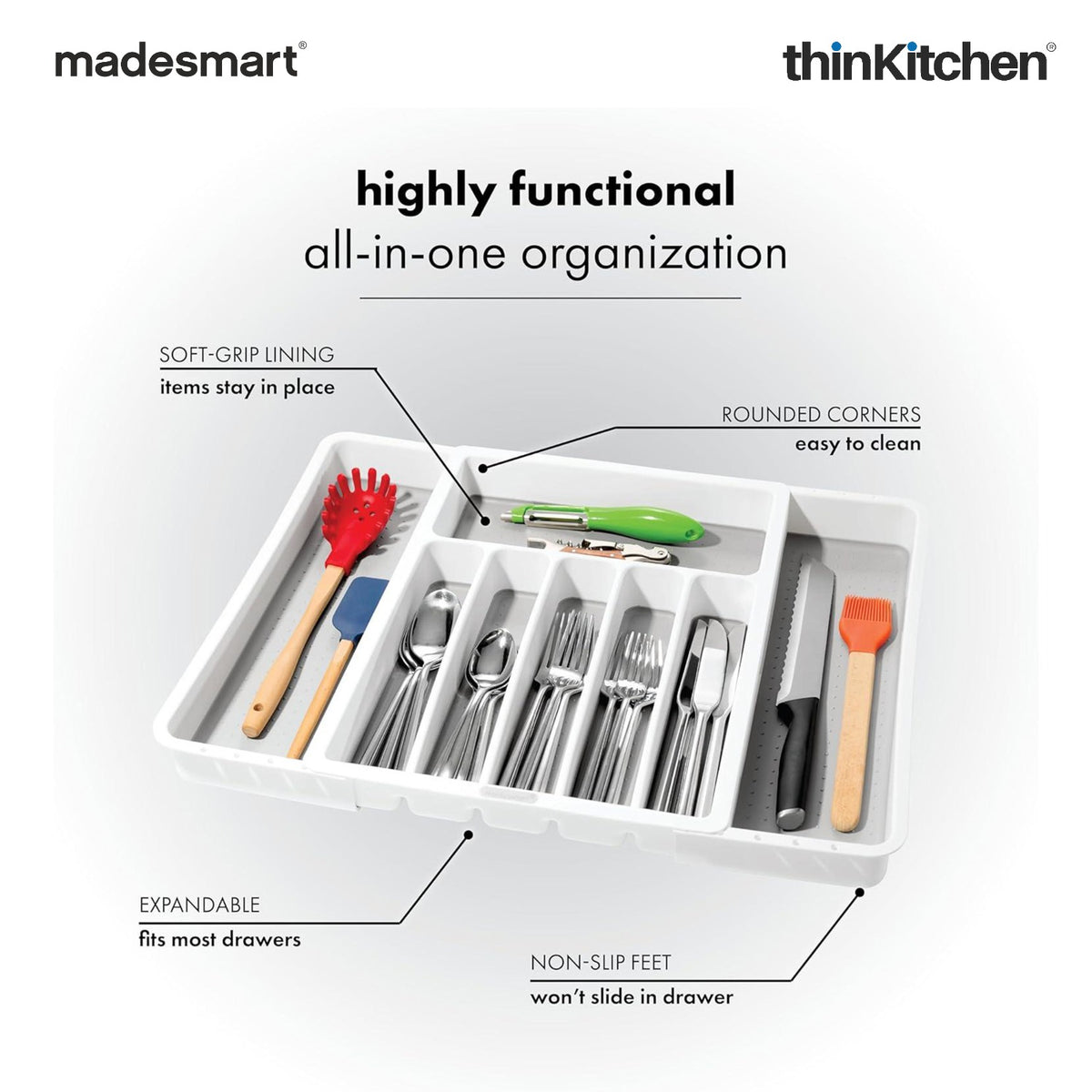 Madesmart Expandable Cutlery Tray, 6 To 8 Compartments, Kitchen Drawer Organizer - White