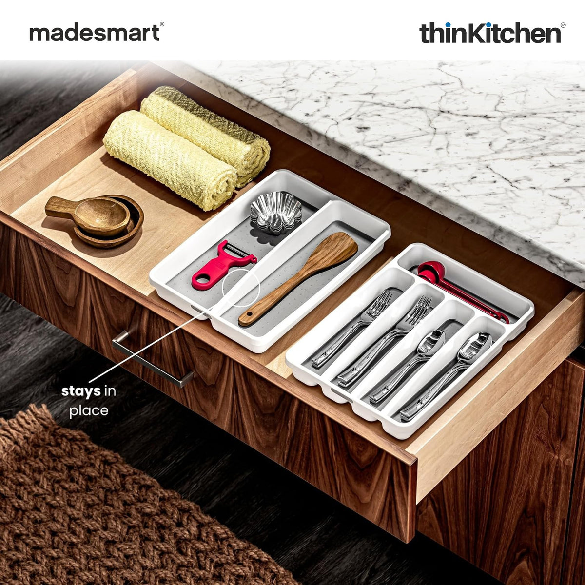 Madesmart Mini Cooking Utensil Organizer Tray, 2 Compartments, Compact Kitchen Drawer Tray - White - 2