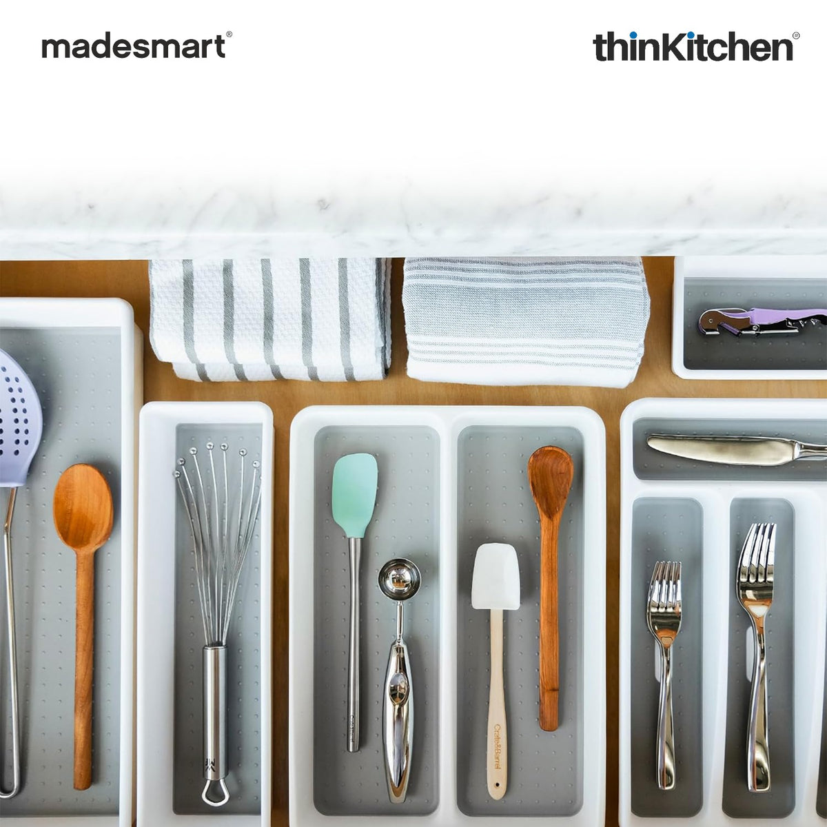 Madesmart Mini Cooking Utensil Organizer Tray, 2 Compartments, Compact Kitchen Drawer Tray - White