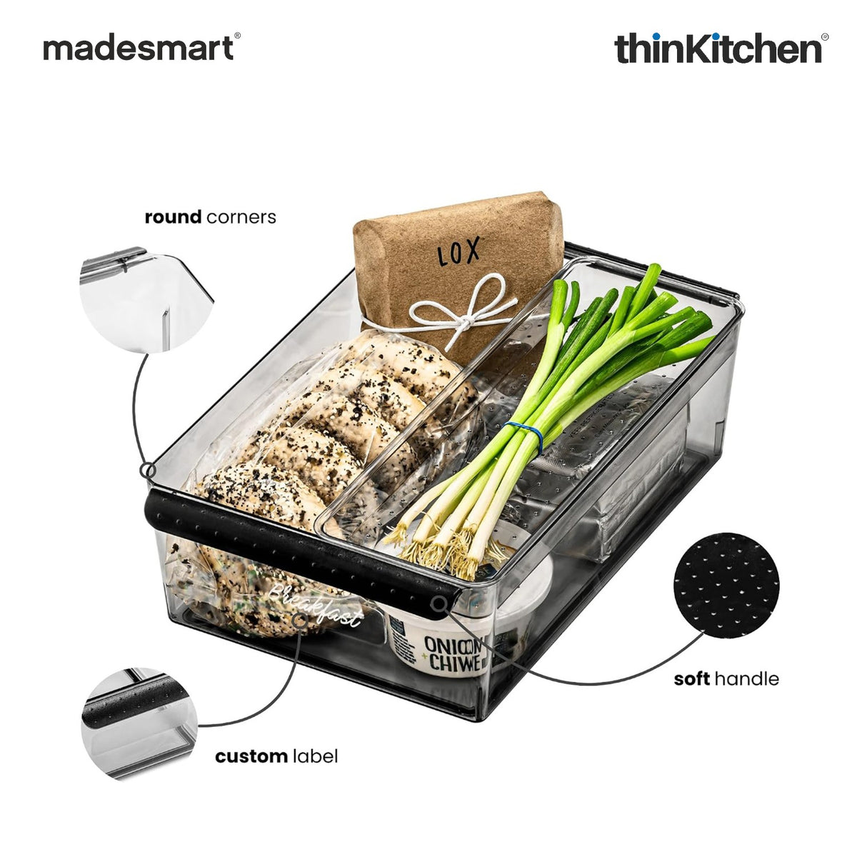 Madesmart Premium Large Fridge Bin With Soft Grip Handles, Clear