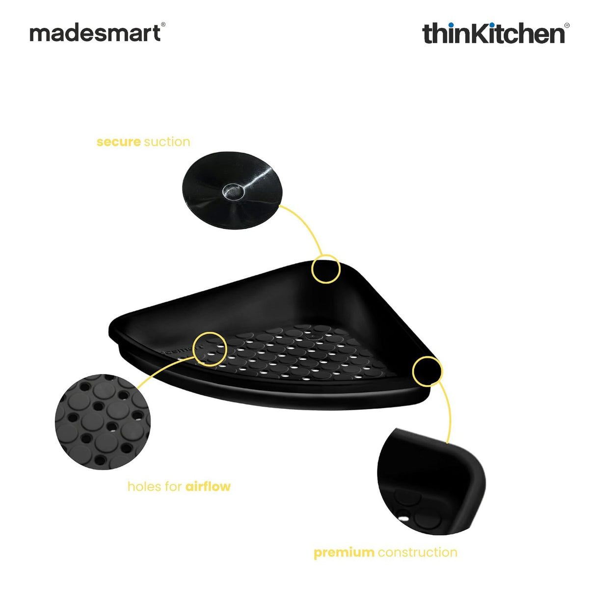 Madesmart Bathtub Corner Shelf With Suction Cups, Carbon