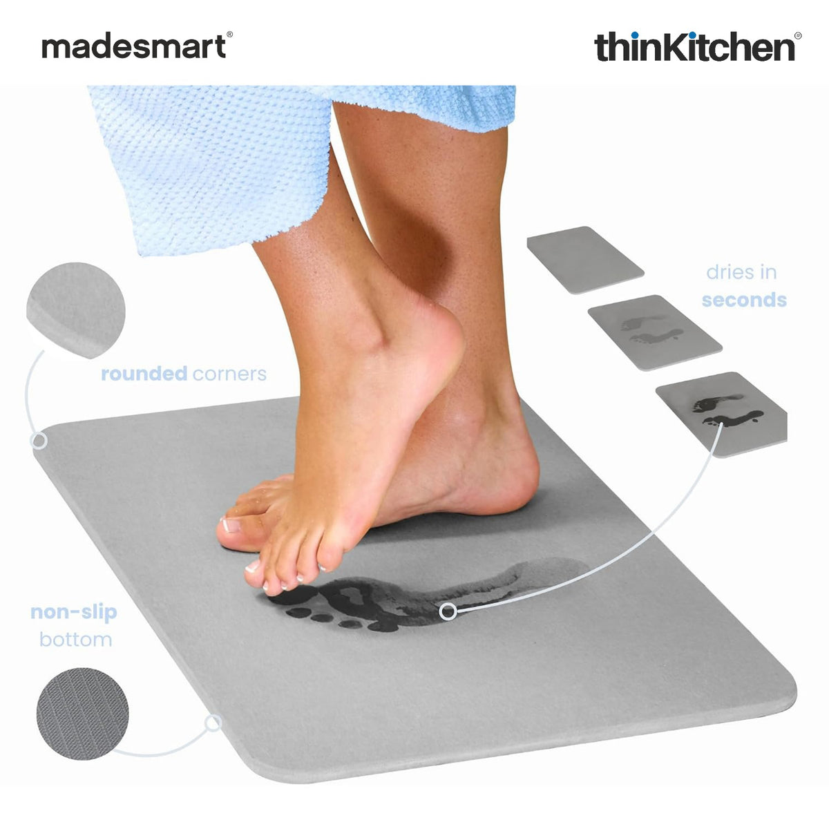 Madesmart Drying Stone Bath Mat With Diatomite Surface, Grey - 5