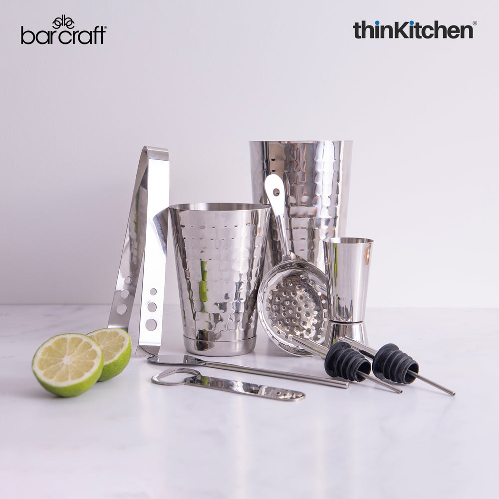 BarCraft 8-Piece Premium Stainless Steel Cocktail Shaker Set  with Jigger, Ice Tongs, Spoon, Bottle Opener & Pourers