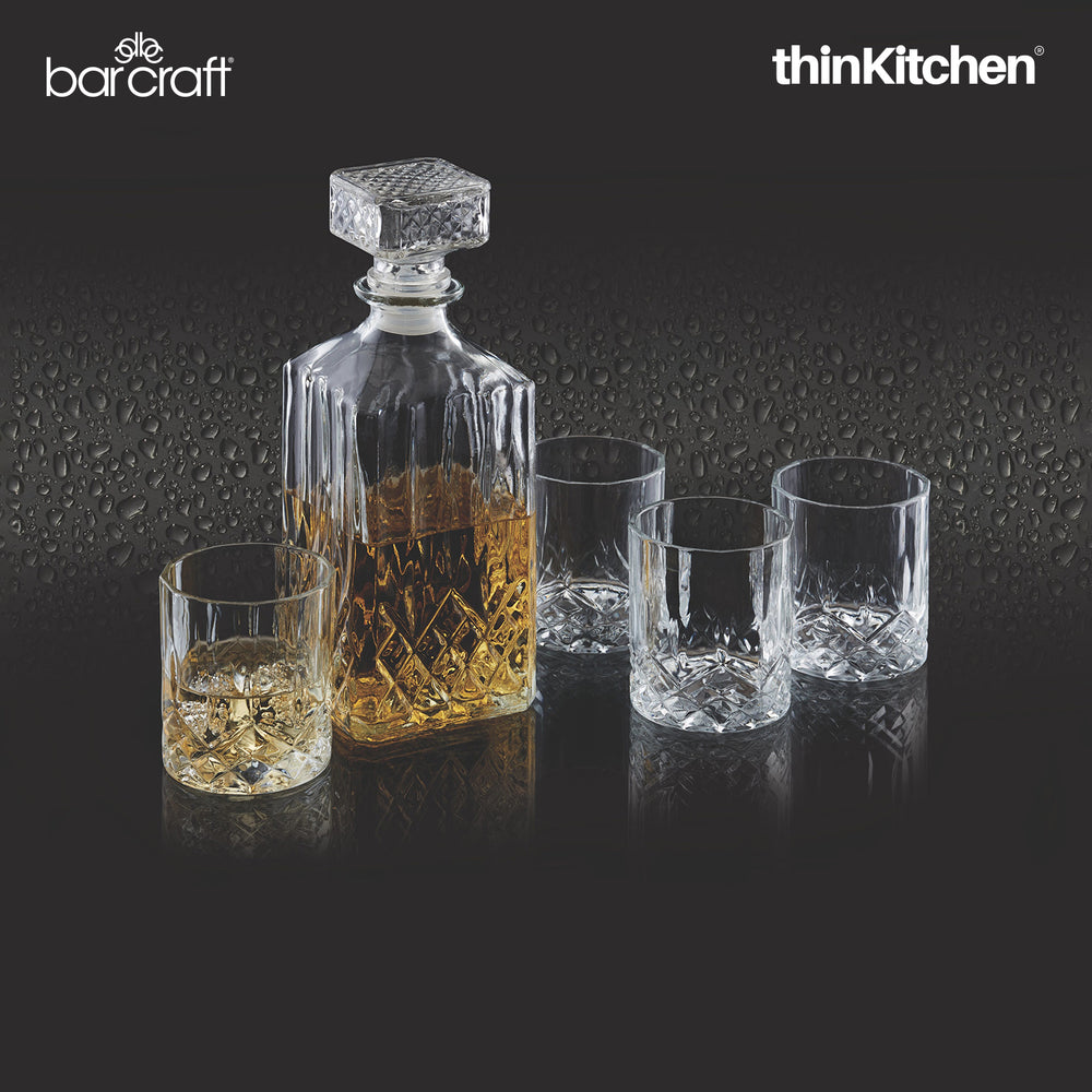 BarCraft 900ml Whisky Decanter & Glass Set of 5 | Premium Cut Glass Set with Decanter & 4 Tumblers for Whisky, Scotch & Bourbon