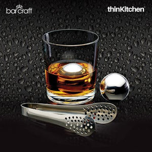 BarCraft 3-pc Stainless Steel Ice Balls, Tongs and Storage Bag Set
