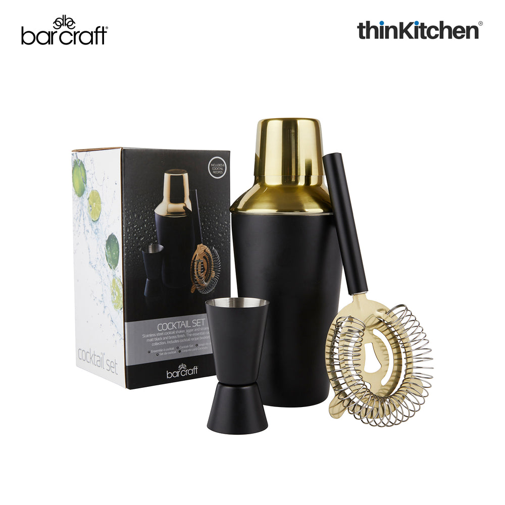 BarCraft 3-Piece Premium Stainless Steel Cocktail Making Kit with 500ml Boston Shaker, Jigger & Strainer