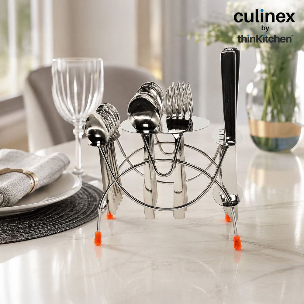 Culinex by thinKitchen | Cambridge Cutlery 24 pc Set with stand - Dessert Spoon, Dessert fork, Dessert knife, Tea spoon, 6 each
