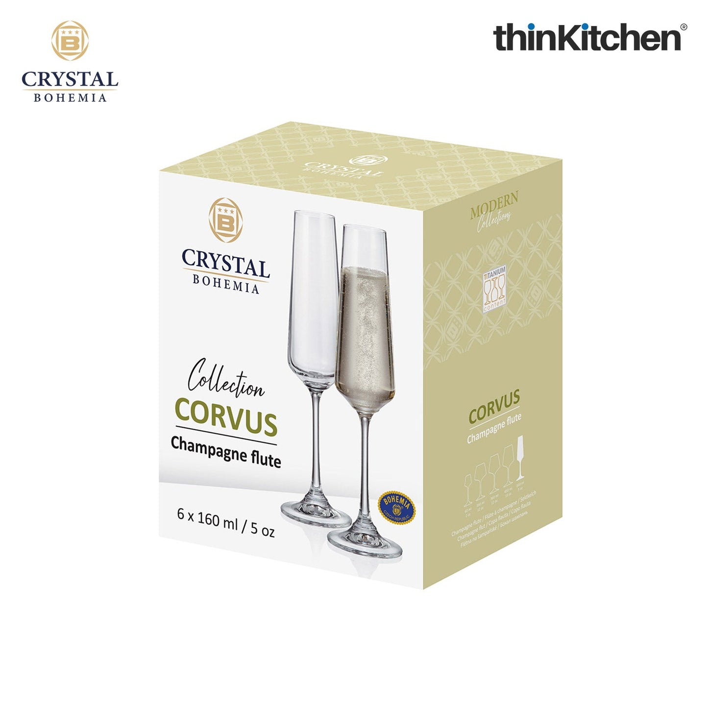 Crystal Bohemia CORVUS Champagne Flute Glasses, 160 ml, Set of 6 – Premium International Crystal Glassware | Luxury Stemware | Made in Czech Republic