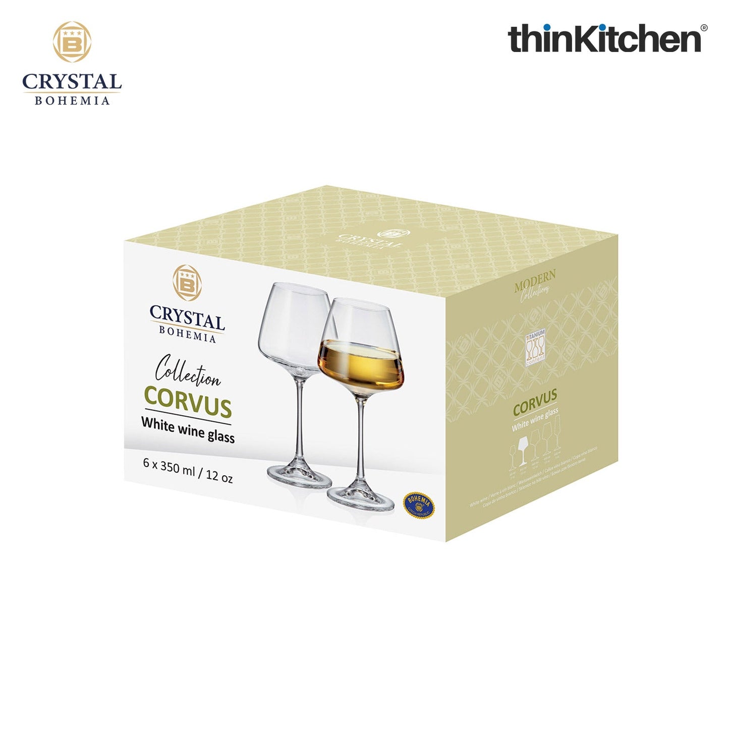 Crystal Bohemia CORVUS White Wine Glasses | 350 ml | Set of 6 | Luxury Czech Crystal Glassware | Premium International Design | Made in Czech Republic | Elegant Wine Tasting Glasses
