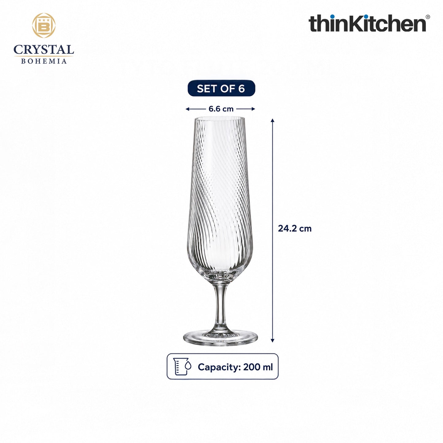 Premium 200ml x 6 Champagne Flute Glasses Set for Wine, Drinks, Cocktails, Mocktails