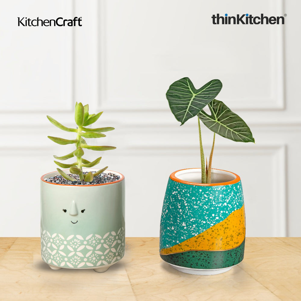 KitchenCraft 3.9" Premium Indoor Ceramic Planters Set of 2 for Indoor Plants, Desk & Home Décor, Gifting - Blue Geo Print & Marble Print