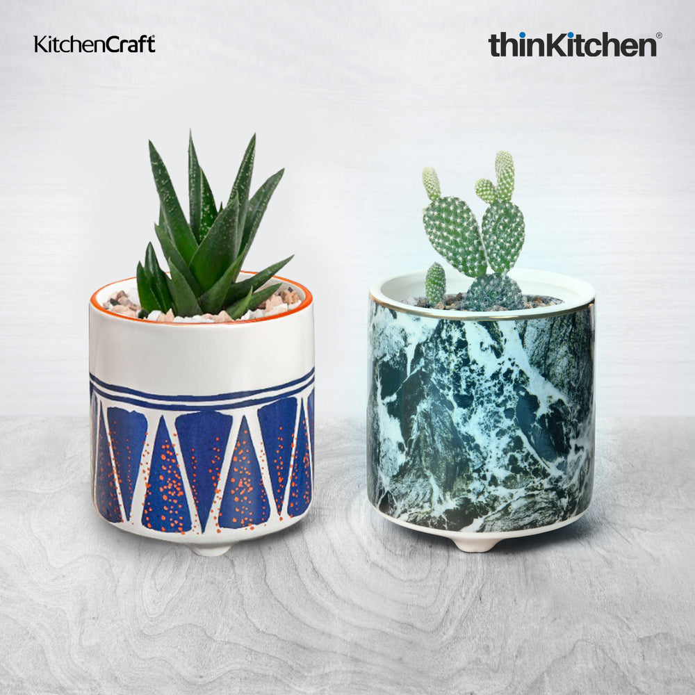 KitchenCraft Premium Indoor Ceramic Planters, Colour Block & Floral Face Design for Indoor Plants, Desk & Home Décor, Holder for Stationery, Cutlery, Best for Gifting