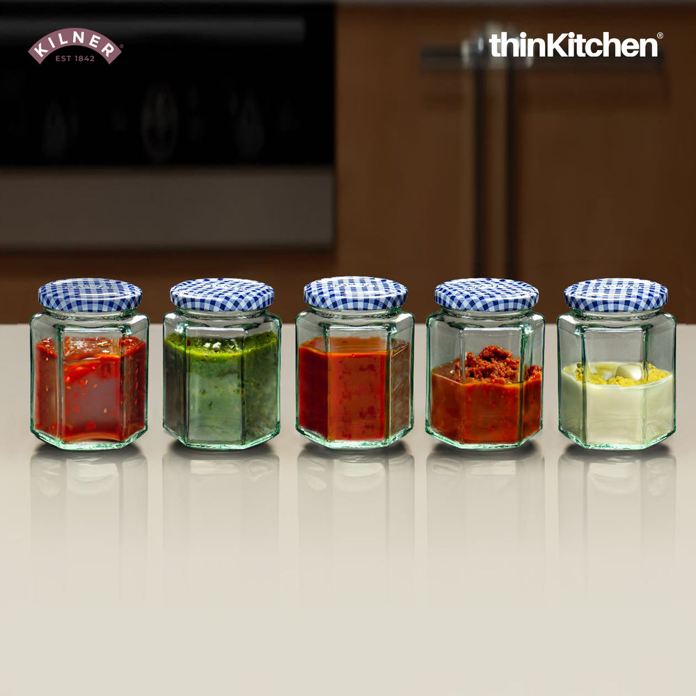 Kilner 5 x 110ml Small Hexagonal Premium Twist Glass Jar Set for Pickle, Chutneys, Sauces