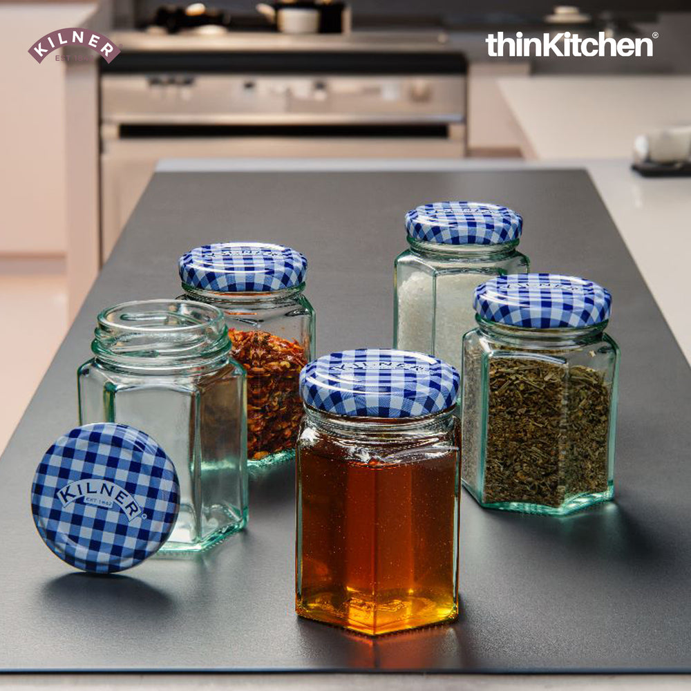 Kilner 5 x 280ml Hexagonal Twist Top Premium Airtight Glass Jar Set for Herbs, Spices, Jams, Chutneys