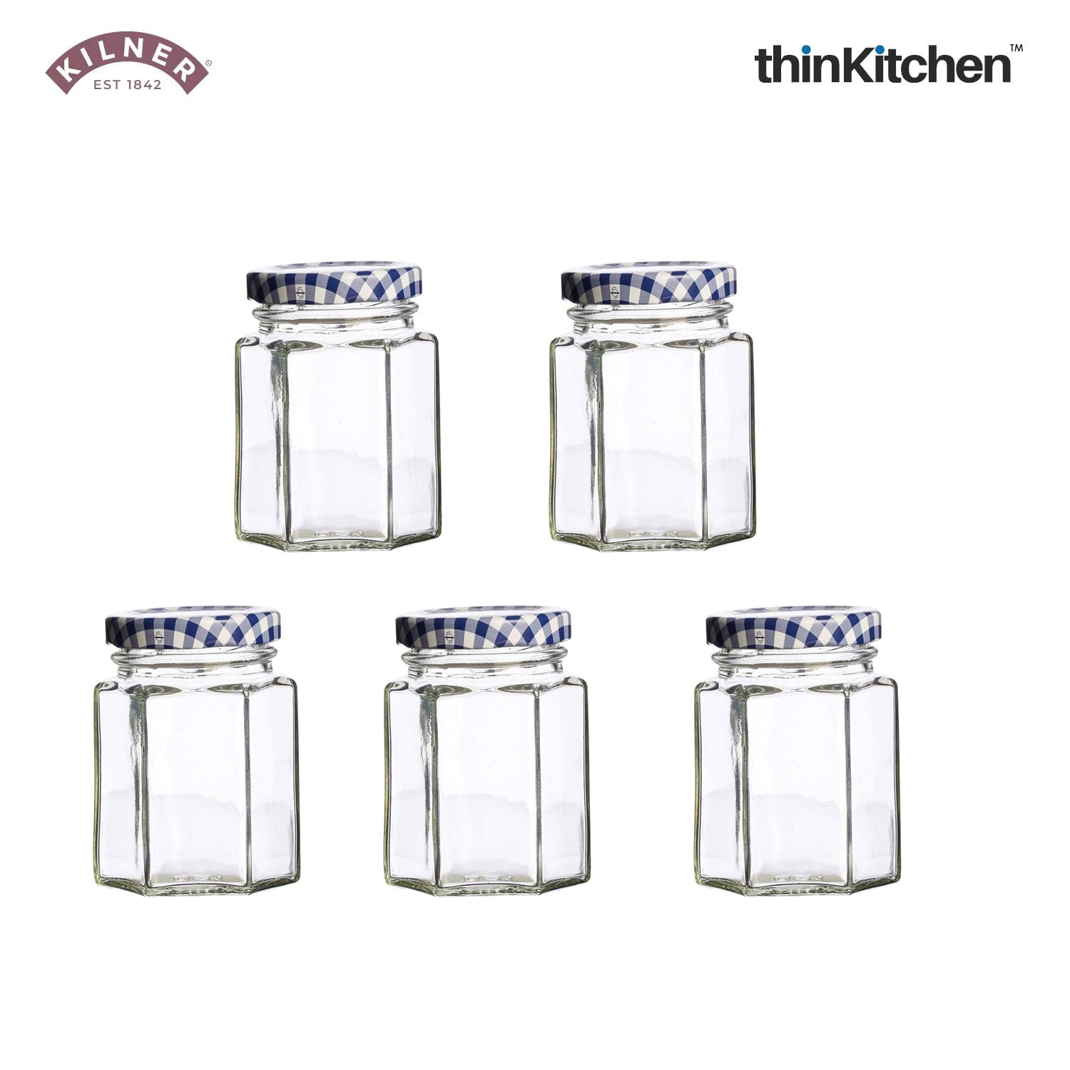 Kilner 5 x 280ml Hexagonal Twist Top Premium Airtight Glass Jar Set for Herbs, Spices, Jams, Chutneys - 2