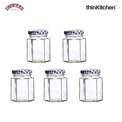 Kilner 5 x 280ml Hexagonal Twist Top Premium Airtight Glass Jar Set for Herbs, Spices, Jams, Chutneys