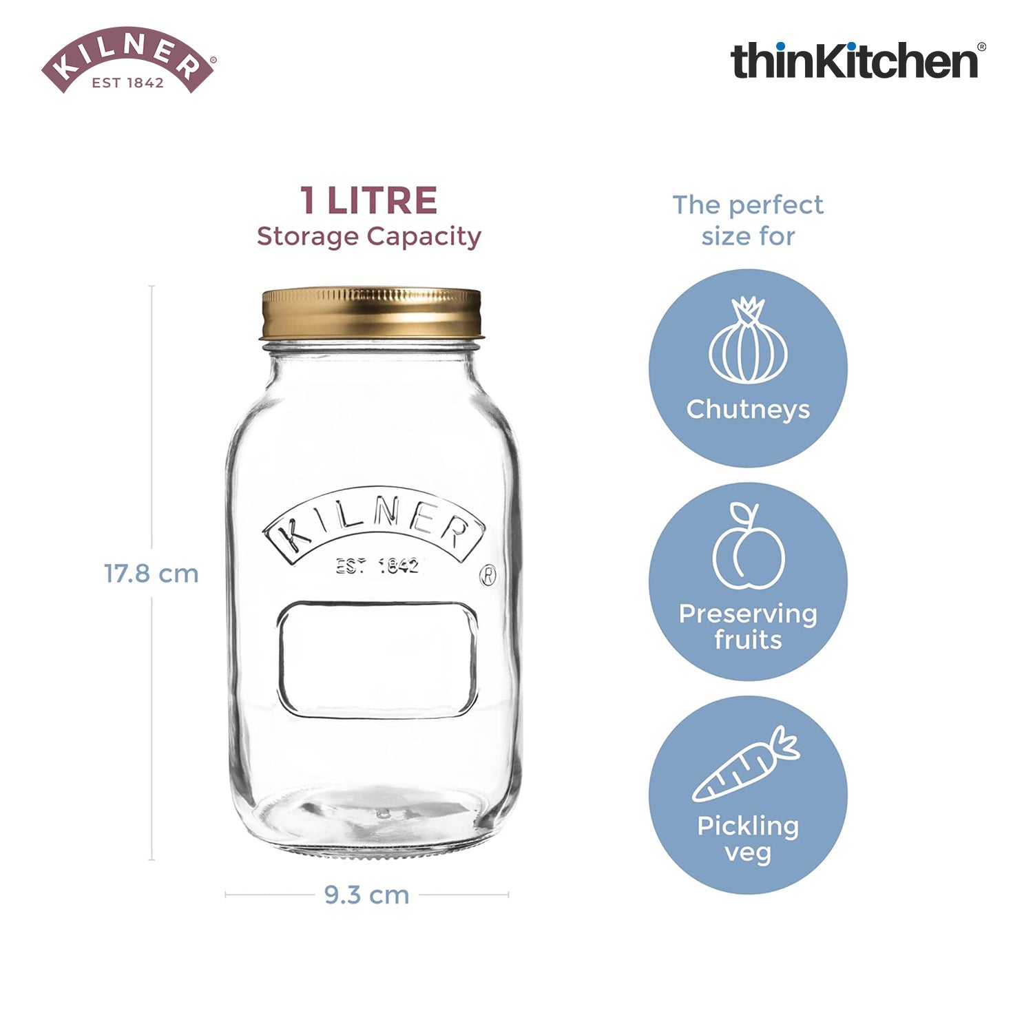 Kilner Premium 1 Litre Leakproof Preserve Glass Jar Set of 4 with Screw Lid, Ideal for Storing and Preserving | Dishwasher Safe Reusable Kitchen Storage Container - 4