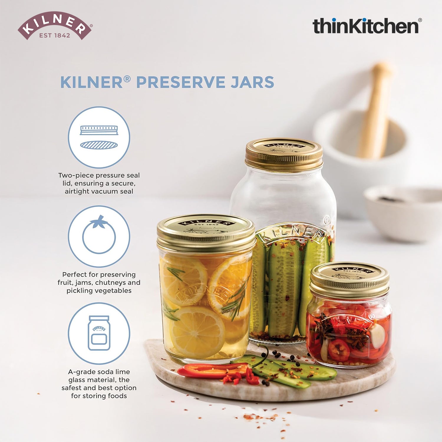 Kilner Premium 1 Litre Leakproof Preserve Glass Jar Set of 4 with Screw Lid, Ideal for Storing and Preserving | Dishwasher Safe Reusable Kitchen Storage Container - 2