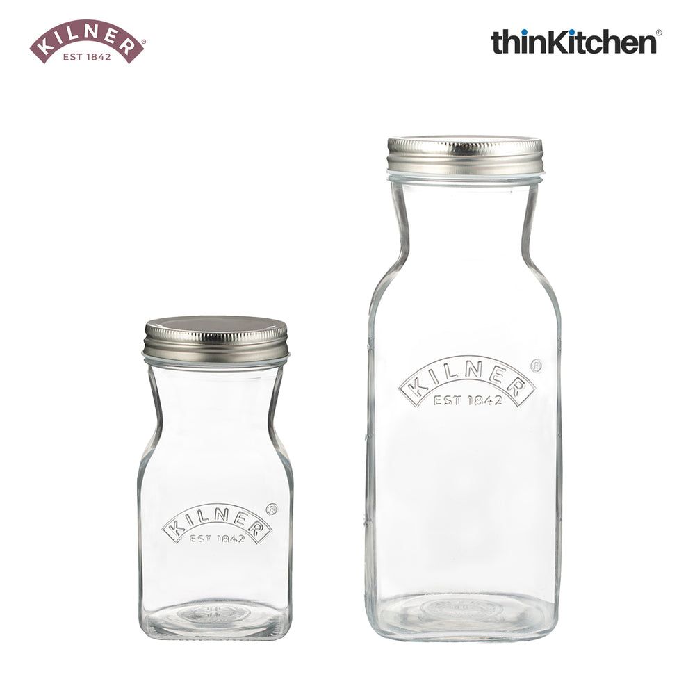 Kilner Premium Juice & Sauce Bottle Combo Set - 500ml & 1 Litre, Glass Storage Bottles for Homemade Juices, Sauces, Yogurts & Beverages