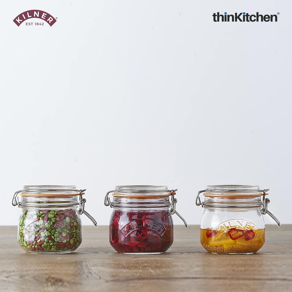 Kilner 3 x 500ml Round Airtight Premium Glass Jar Set with Wire Clip Top for Pickles, Jams, Chutneys, Yougurt