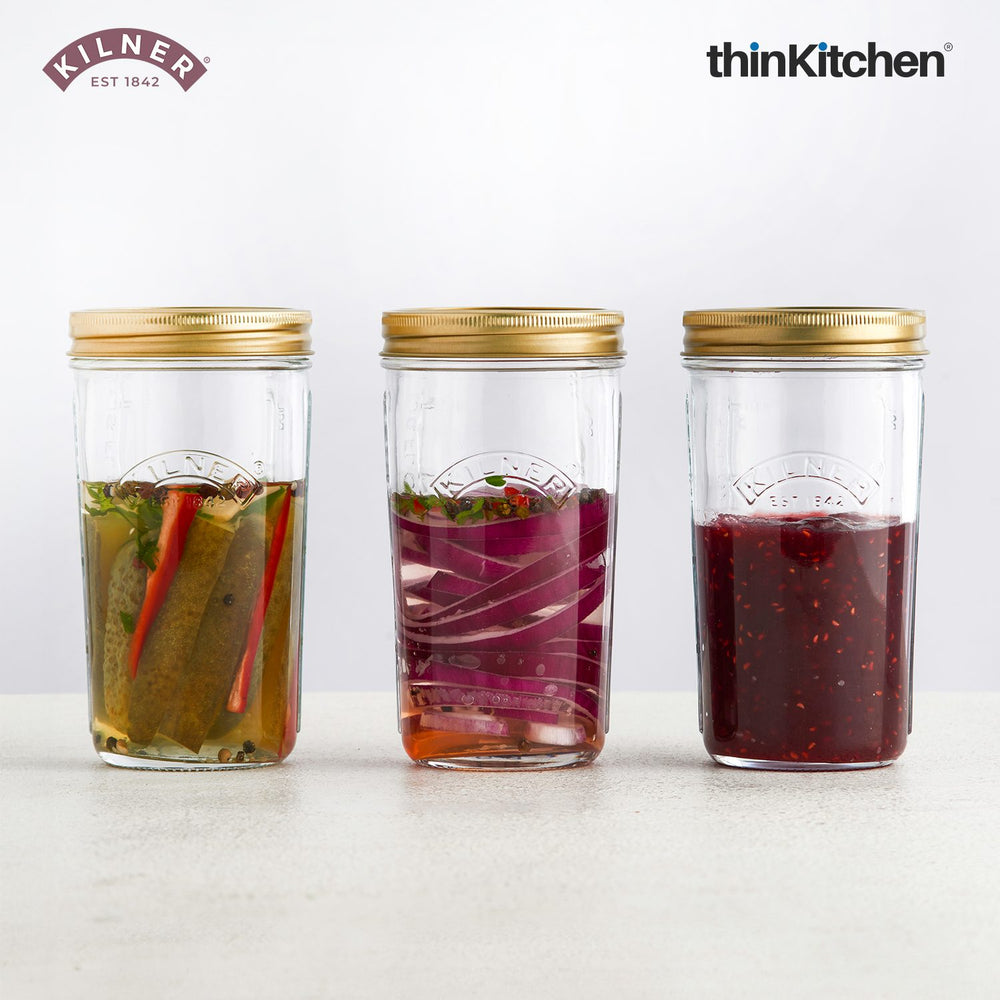 Kilner Premium 3 x 500ml Wide Mouth Preserve Airtight Glass Jar Set for Jams, Pickles, Chutneys, Oats, Honey, Ghee