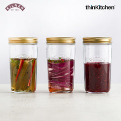 Kilner Premium 3 x 500ml Wide Mouth Preserve Airtight Glass Jar Set for Jams, Pickles, Chutneys, Oats, Honey, Ghee