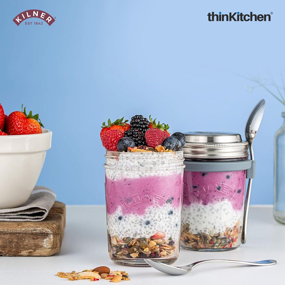 Kilner Set of 2 x 350ml Premium Airtight Round Glass Breakfast Jars for Cereal, Oats, Snacks & Dry Food