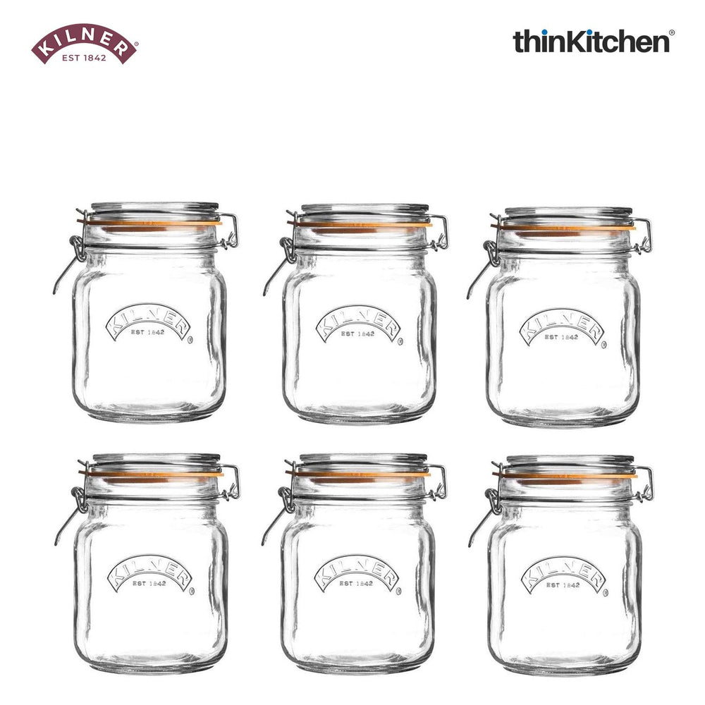 Kilner Set of 6 x 1L Square Airtight Premium Clip Top Glass Jars for Storing Biscuits, Cerels, Pulses, Pasta