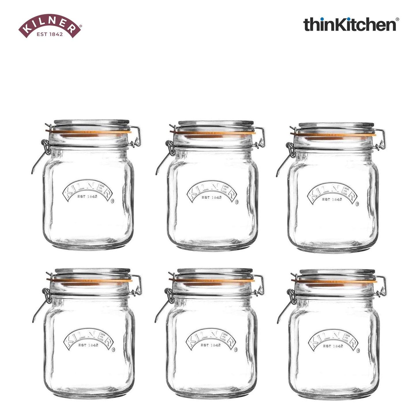 Kilner Set of 6 Square Clip Top Glass Storage Jar - 1 Litre