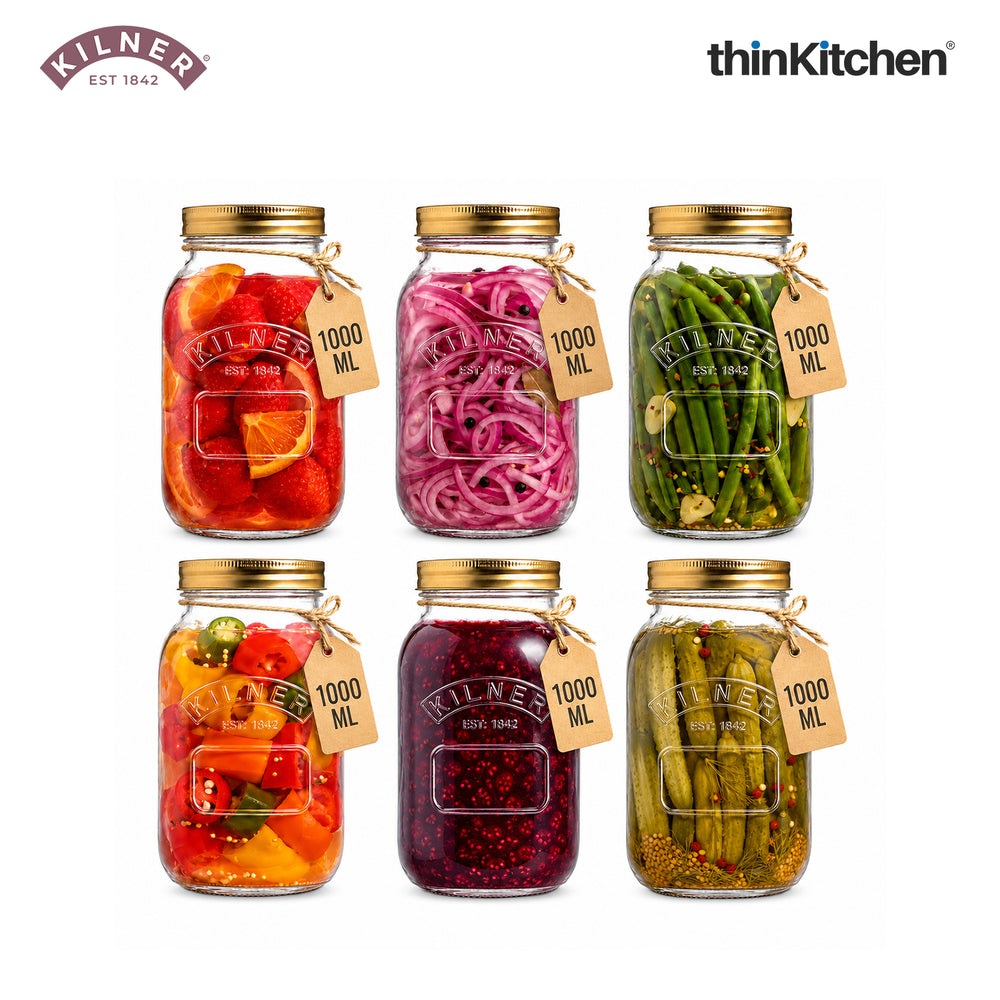 Kilner Premium 1 Litre Leakproof Preserve Glass Jar Set of 6 with Screw Lid, Ideal for Storing and Preserving | Dishwasher Safe Reusable Kitchen Storage Container