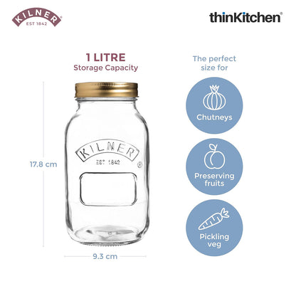 Kilner Premium 1 Litre Leakproof Preserve Glass Jar Set of 6 with Screw Lid, Ideal for Storing and Preserving | Dishwasher Safe Reusable Kitchen Storage Container