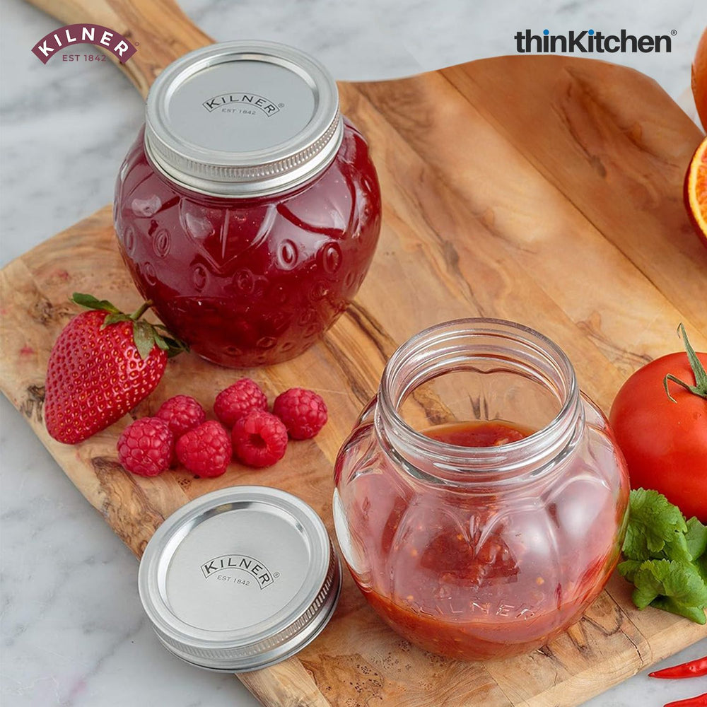 Kilner 2 Pcs x 400ml Strawberry Shaped Airtight Premium Preserve Glass Jars for Kitchen Storage, ideal for Jams, Chutneys, Preserves