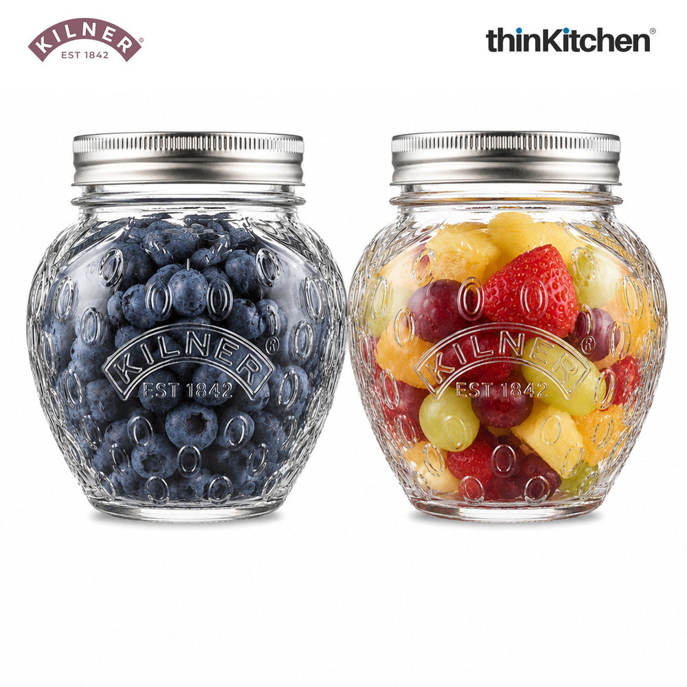 Kilner Premium 2 Pcs x 400ml Strawberry Shaped Airtight Preserve Glass Jars for Kitchen Storage, ideal for Jams, Chutneys, Preserves | Multipurpose, Eco-Friendly, Reusable Transparent Glass Containers