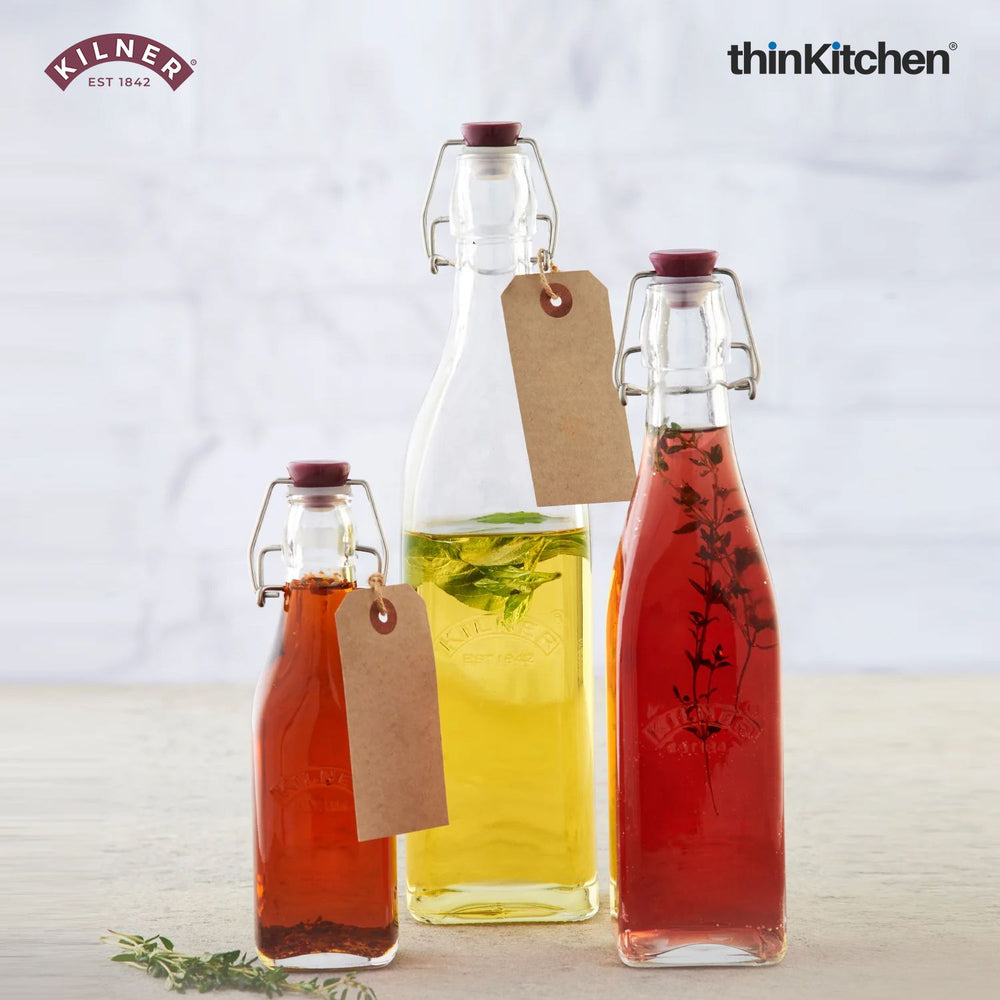 Kilner Premium 2 x 1L Airtight Clip Top Premium Glass Preserver Bottle Set for Kitchen Storage, Drinks, Sauces, Oil
