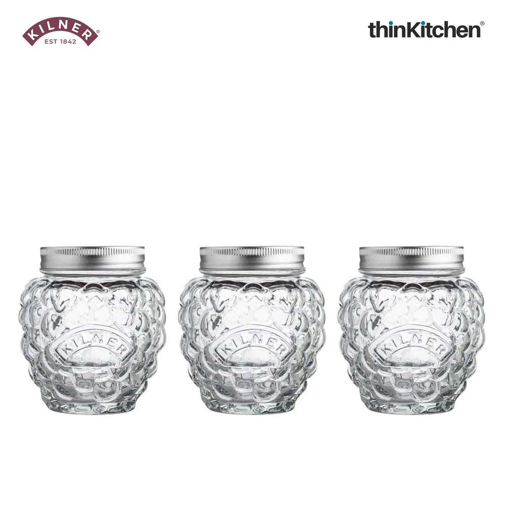 Kilner 3 x 400ml Strawberry Shaped Airtight Premium Glass Jars for Kitchen Storage, ideal for Jams, Chutneys, Preserves