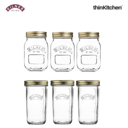 Kilner Set of 3 - 500ml Wide Mouth Screw Top Preservation Jars + Set of 3 Clear Square Glass Clip Top Jars, 500ml