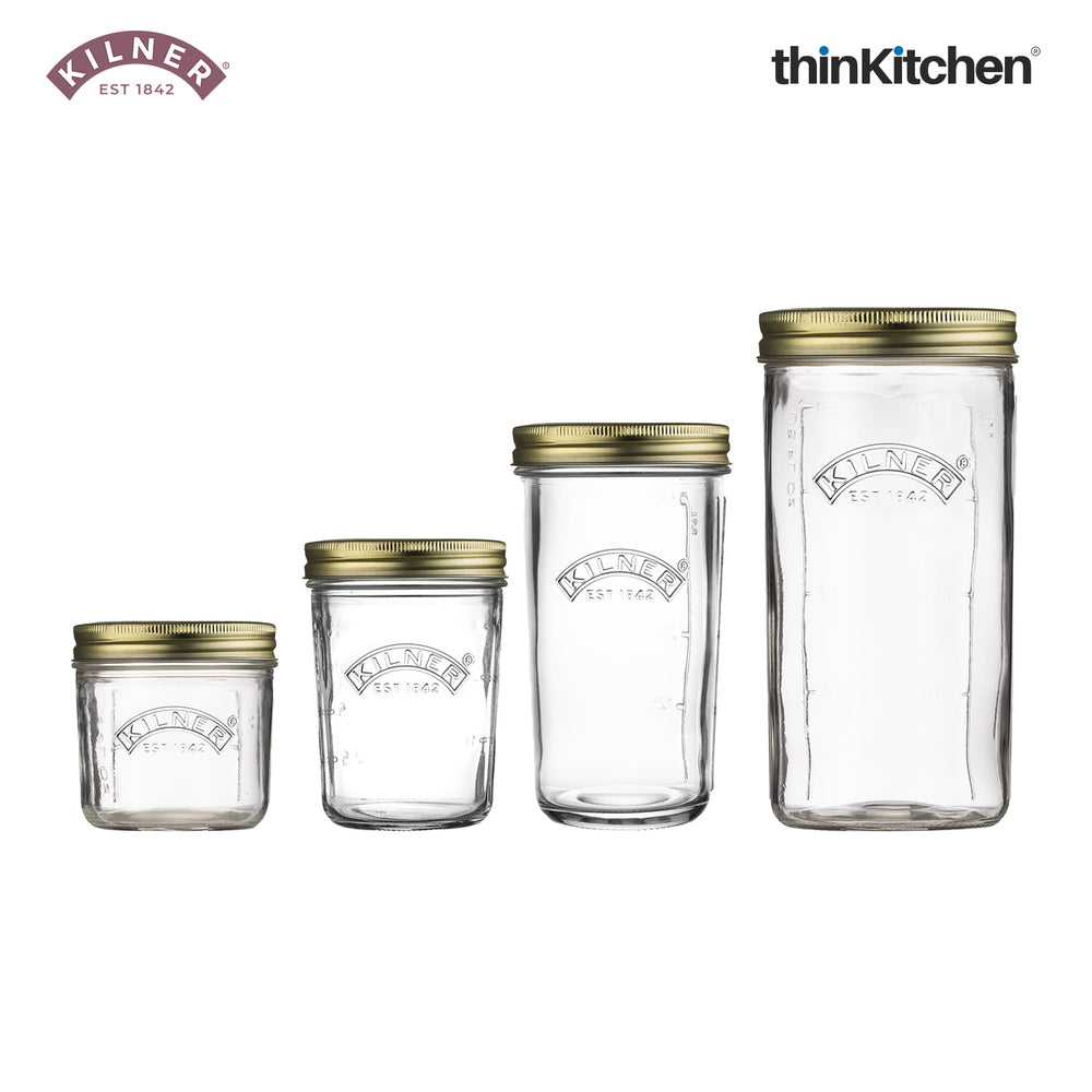 Kilner Set of 4 Wide Mouth Premium Preserve Jars - 1 Litre, 500ml, 350ml & 200ml