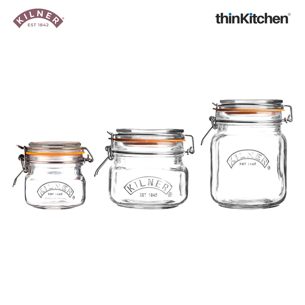 Kilner Set of 3 Clip Top Premium Storage  Jars, 1 Litre, 500ml & 250ml