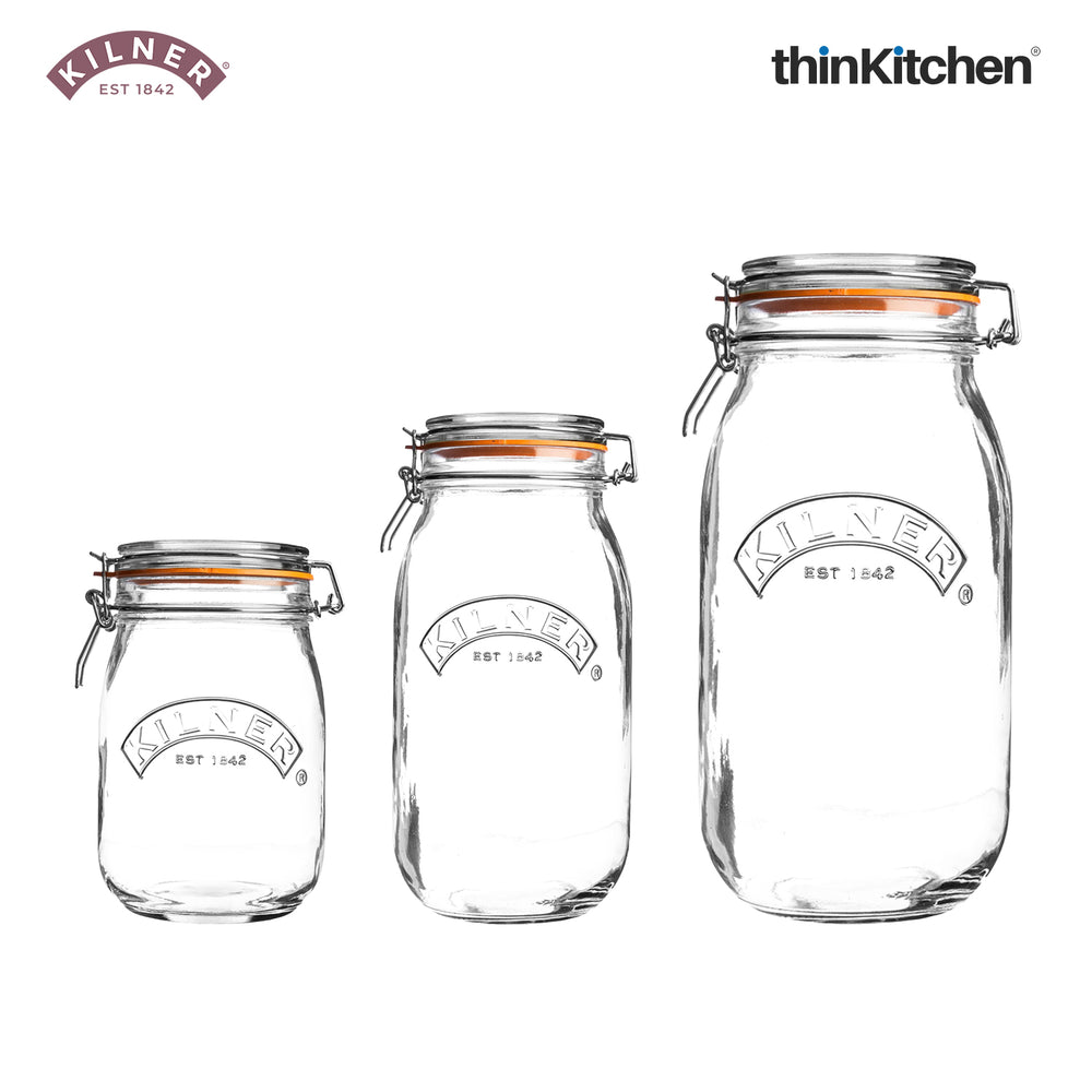 Kilner Set of 3 Premium Clip Top Storage Jars - 3 Ltr,2 Ltr & 1 Ltr