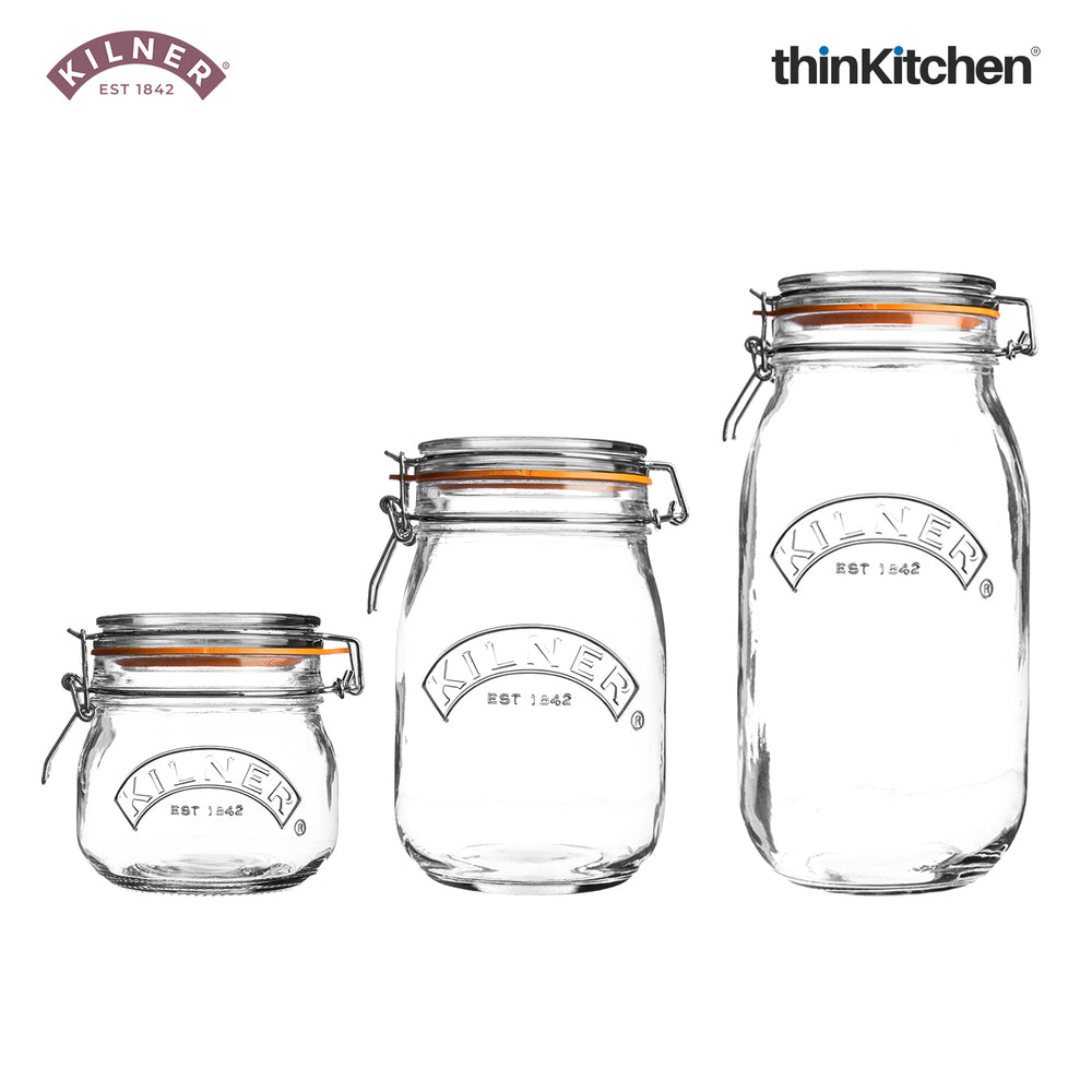 Kilner Premium Clip Top Round Glass Jar 3 Pcs Combo Set - 1.5L, 1L & 500ml, Airtight Food Storage Containers for Pickles, Grains