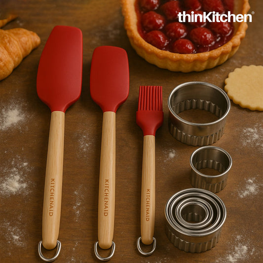KitchenAid Birchwood Baking Set x KitchenCraft 11 pc Fluted Cutters With Metal Storage Tin Combo Set