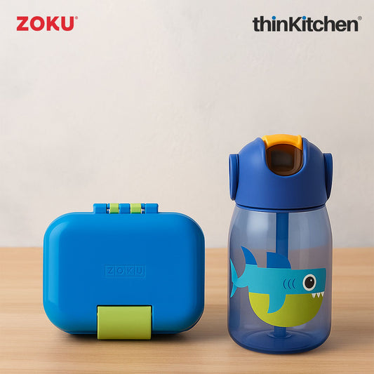 Zoku combo set of Kids Flip Straw Bottle (Blue) x Neat Bento Box (Blue)