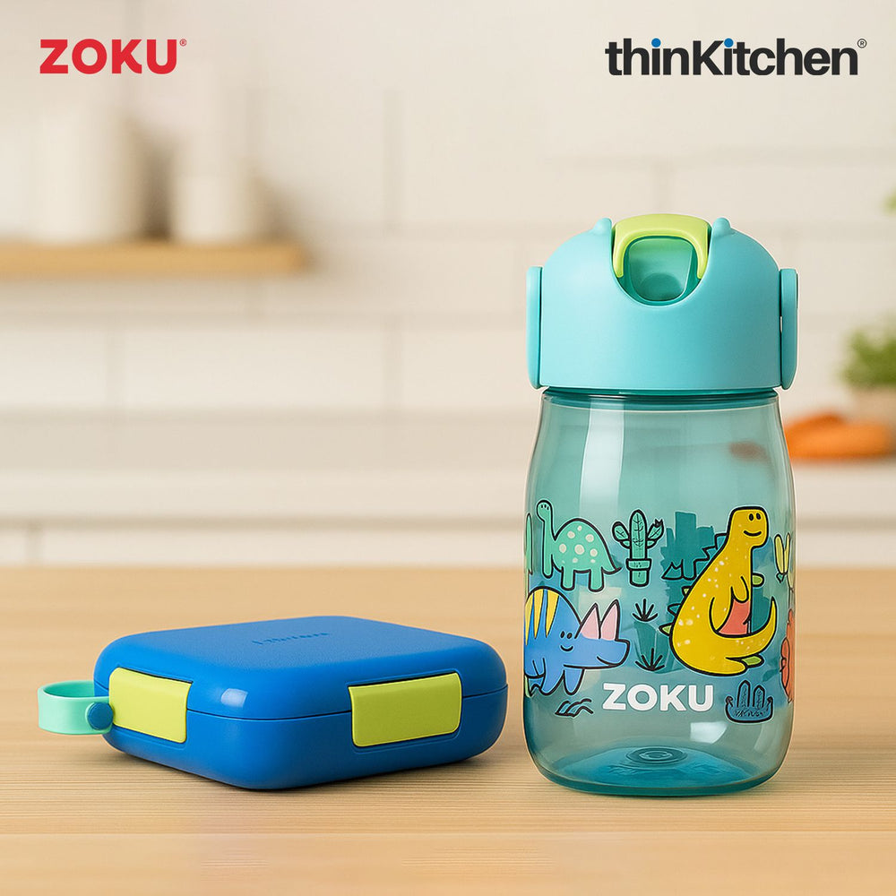 Zoku Premium Dino Kids Flip Straw Bottle and  Neat Bento Box Set of 2