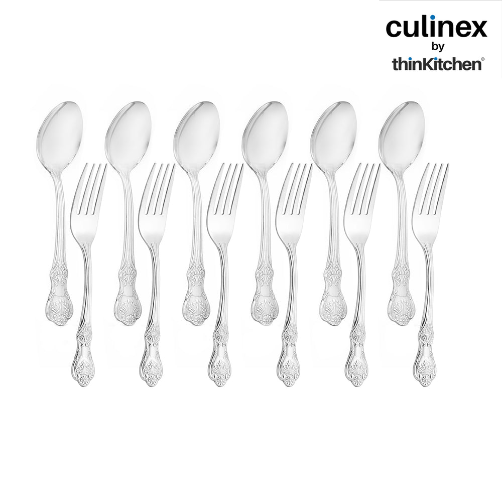 Culinex 18/8 Stainless Steel 6.4" Premoum Dessert Fork & Spoon Cutlery Set of 12, Fest Series | Rustproof Flatware By thinKitchen