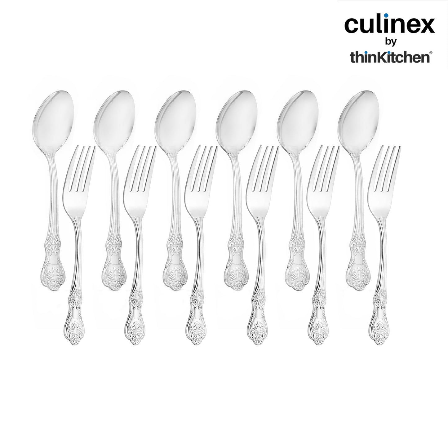 Culinex 18/8 Stainless Steel 6.4" Premoum Dessert Fork & Spoon Cutlery Set of 12, Fest Series | Rustproof Flatware By thinKitchen