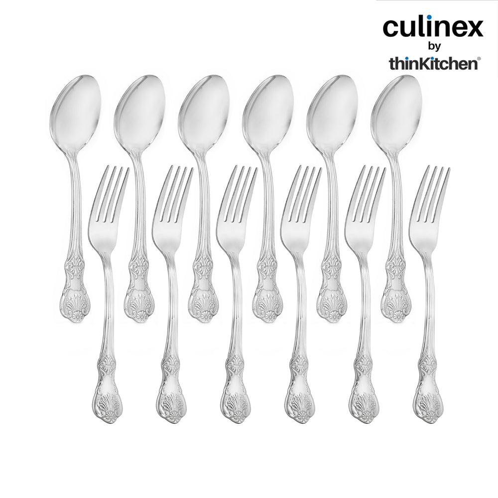 Culinex 18/8 Stainless Steel 7.6" Premium Table Fork & Spoon Cutlery Set of 12, Fest Series| Rustproof Flatware By thinKitchen