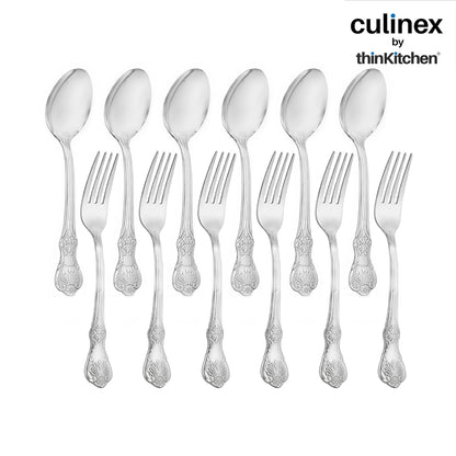 18/8 Premium Stainless Steel 7.6" Table Fork & Spoon Cutlery Set of 12, Fest Series| Rustproof Flatware By thinKitchen